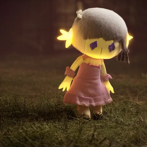 Image similar to cute fumo plush wraith girl lit by a flashlight, grainy found footage, trail cam footage, bokeh f / 2. 5, vray