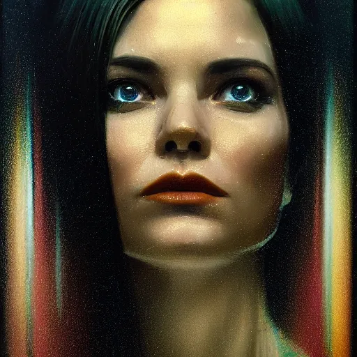 Image similar to detailed face of a woman, clockwork, moment, tectonic sky, skydome, bullet train, turbines, utopian, tech noir, wet reflections, prism, atmospheric, ambient, nick alm, casey baugh, pj crook, syd mead, livia prima, edward hopper