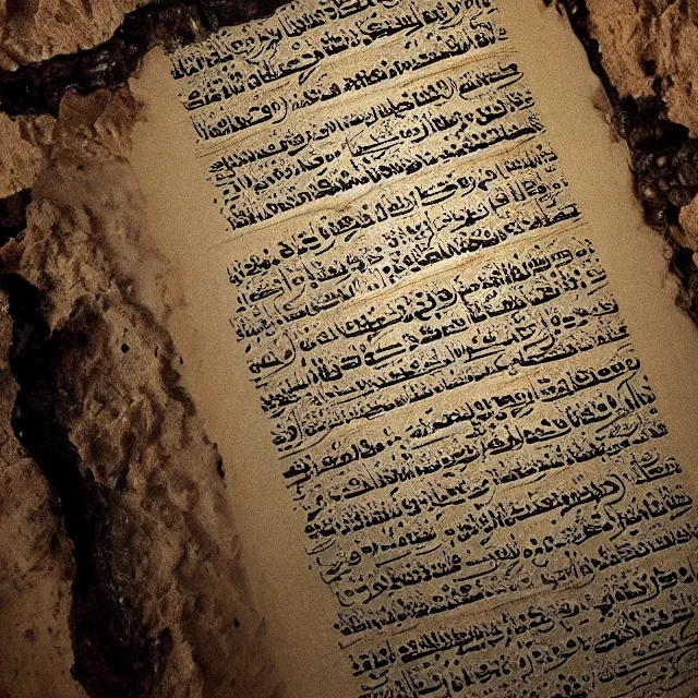 Image similar to ultra - realistic photo a damaged unrolled dead sea scroll with nabeatean aramaic in sideways columns, dark, brooding, volume lighting, atmospheric lighting, painted, intricate, ultra detailed by dave dorman, well composed, best on artstation, cgsociety, epic, stunning, gorgeous, intricate detail, wow, masterpiece