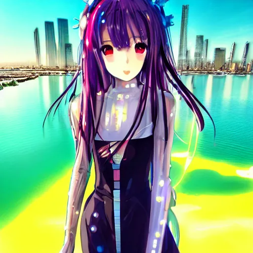 Prompt: a teenage anime android girl wearing a very high intricate detailed dress made out of water standing in a crystal clear lake with a neon lit futuristic city in the background::full body::very long black + red hair::left eye is yellow + right eye is glowing red::heterochromatic eyes::intense stare::cinematic lighting::medium shot::MCU::trending on artstation::CSP + Photoshop::WLOP + Rossdraws + James Jean + Andrei Riabovitchev + Marc Simonetti + Anastasia Ovchinnikova + Véronique Meignaud + BEN MAIER + Sakimichan