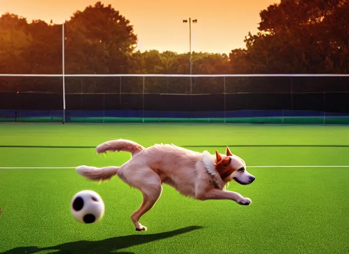 Prompt: a dog running after a tennis ball, soccer field in the background, warm colours, in sun light, national geography magazine cover photo, 8 k