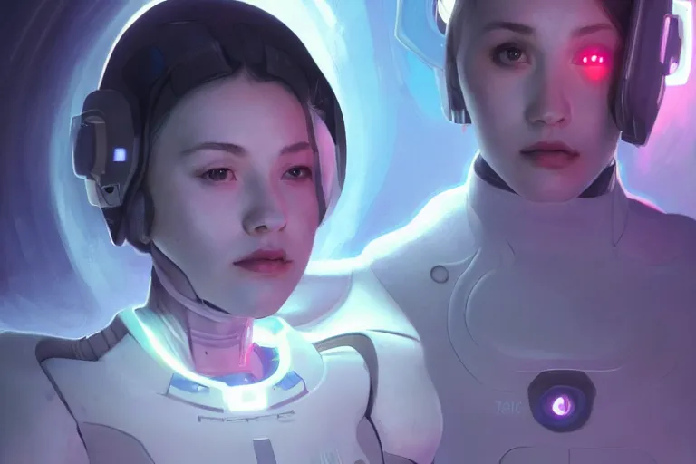 Image similar to Semi Realism Portrait girl in a futuristic spacesuit, atmospheric, volumetric lighting, glowing lights, 4k, octane renderer, digital painting, artstation, concept art, sharp focus, illustration, art by artgerm and greg rutkowski and alphonse mucha, )))))), pastel palette, daily deviation