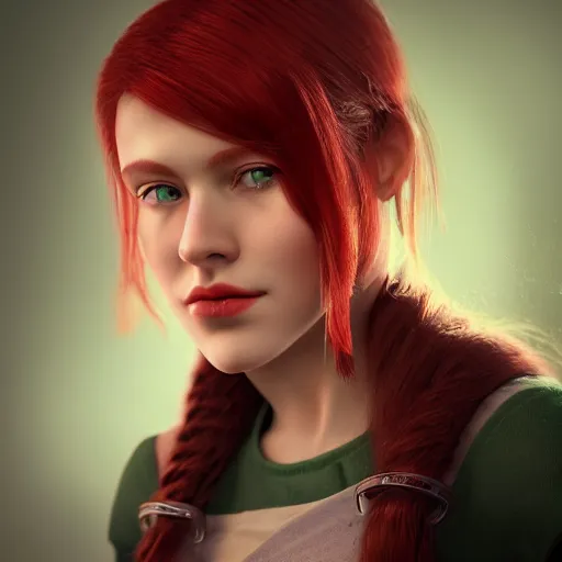 Image similar to beautiful girl her name was helga. she had red hair and green eyes and wanted to become a journalist when she grew up, beautiful portrait, symmetrical, character concept style trending on artstation concept art detailed octane render cinematic photo - realistic 8 k high detailed