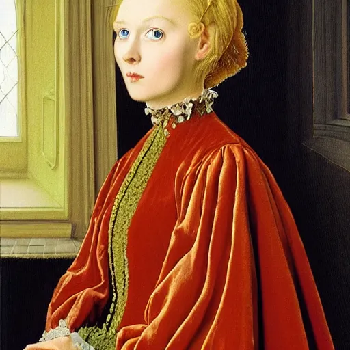 Image similar to blonde victorian princess, hyperrealism, concept art, jan van eyck