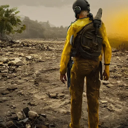 Prompt: An survivor with yellow dirty shirt and a helmet, full upper body, hyperrealistic, artstation, concept art, unreal engine 8k, octane render,