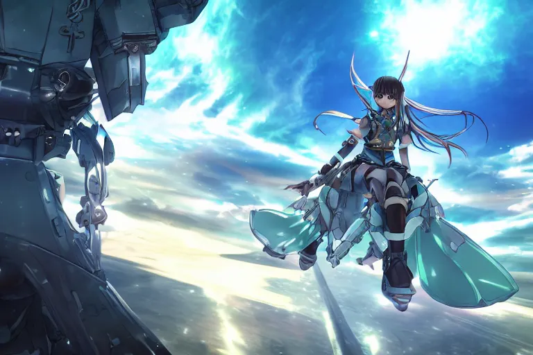 Image similar to wide - angled shot of an anime final fantasy star ocean female hungarian tribal robes scarf girl character riding a giant mecha with mechanical jet pack skates running speeding through scifi mystical steppe