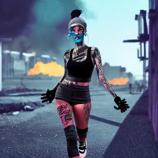 Image similar to digital painting of a streetwear woman with running mascara, a futuristic shanty town burns in the background, distress, tattoos, dark strokes, dark glitter, 4k, 8k, hd, full color, octane render, trending on artstation, highly detailed