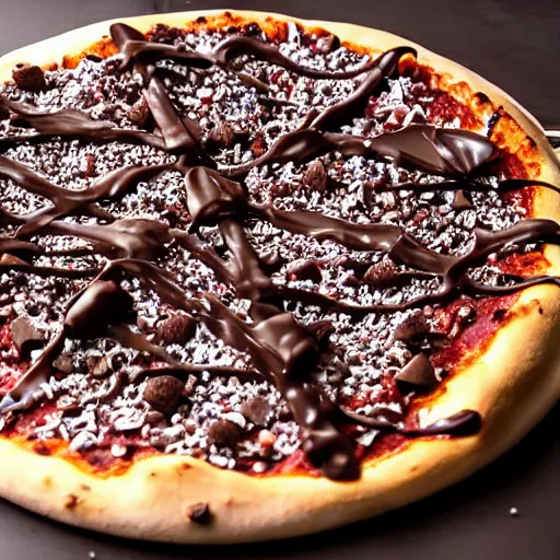 Prompt: a pizza topped with chocolate and sprinkles