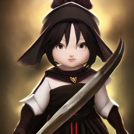 Prompt: card art of a dwarf girl wearing black robes with silver metallic parts, makoto shinkai, very detailed, realistic face, detailed face, matte, tonemapping, bbwchan, perfection, 4K, William-Adolphe Bouguereau