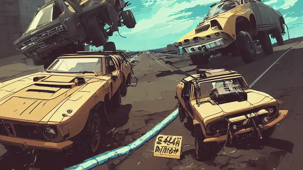 Image similar to digital illustration of mad max's fj 4 0 pursuit special, the last v 8 interceptor driving down a deserted cyberpunk highway in the middle of the day by studio ghibli, anime style year 2 0 9 3, by makoto shinkai, ilya kuvshinov, lois van baarle, rossdraws, basquiat