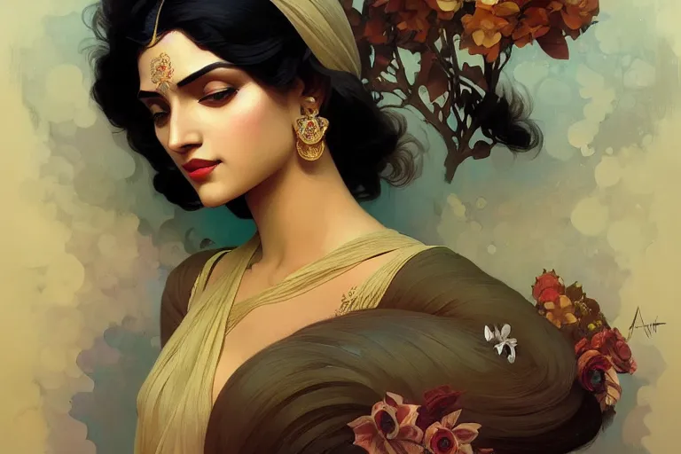 Prompt: sensual pale beautiful bengali girl, art deco portrait, elegant, intricate, digital painting, artstation, concept art, smooth, sharp focus, illustration, art by artgerm and greg rutkowski and alphonse mucha