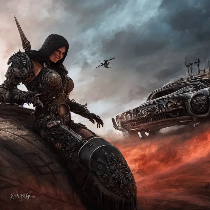 Image similar to beautiful apocalyptic woman in hooded cloak, standing on mad max muscle car, hyper-detailed, smooth, sharp focus, 4k ultra hd, fantasy dark art, tank girl, artgerm, artstation, octane render, elegant, detailed digital painting, apocalyptic art, gears of war, unreal engine, cryengine