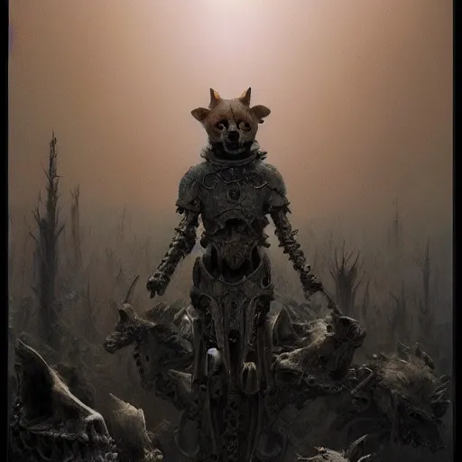 Image similar to armor made of bones, anthropomorphic shiba inu, stuning 3 d render, masterpiece, glowing black aura, foggy dark, by donato giancola and greg rutkowski and wayne barlow and zdzisław beksinski, realistic face