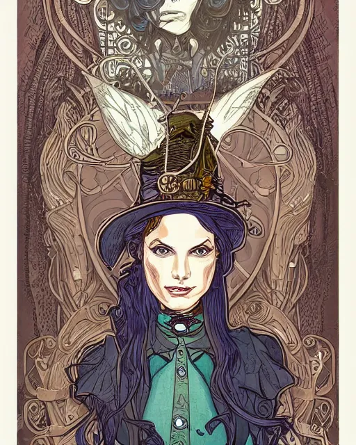 Prompt: a detailed portrait illustration of a steampunk wizard. beautiful female. art nouveau, pop art, comic book style. influenced by neil gaiman, h. p. lovecraft, dan mumford, brian froud, vadim voitekhovitch, killian eng.