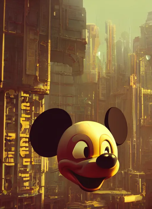 Image similar to giant destroyed head of cyberpunk mickey mouse, inside of netflix office, by beeple, dystopia, golden ratio, octane render, unreal engine 5, trending on artstation, 8 k