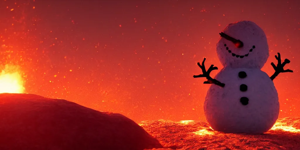 Image similar to a snowman melting on top of the sun. the ground is made of fire and lava and is glowing orange. cinematic, dramatic, epic, volumetric lighting, atmospheric, red, orange extremely coherent, 8 k, space, warm, blade runner 2 0 4 9