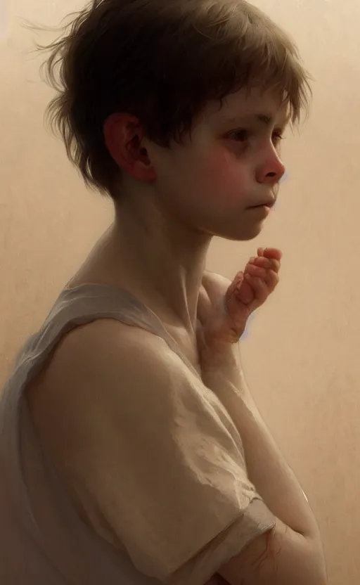 Image similar to a portrait of a blind child, sick white skin, concept art, deep focus, intricate, highly detailed, digital painting, artstation, matte, sharp focus, illustration, art by greg rutkowski and alphonse mucha