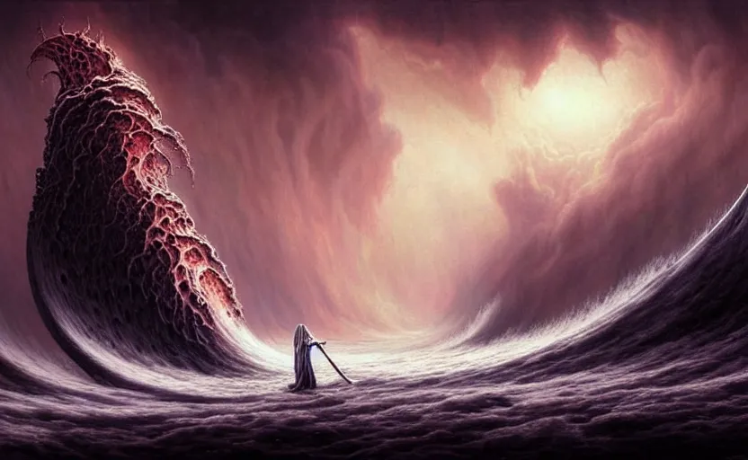 Image similar to beautiful digital fantasy illustration of a demon holding a staff!!, hellish background, a giant wave in the sky, apocalypse art!!!!, apocalypse landscape!!!!!, lovecraftian!!, cosmic horror!!!, concept art by Jarosław Jaśnikowski, a detailed matte painting by Dan Luvisi, cgsociety, fantasy art, highly detailed, soft lighting, rendered in octane, masterpiece, very very very aesthetic