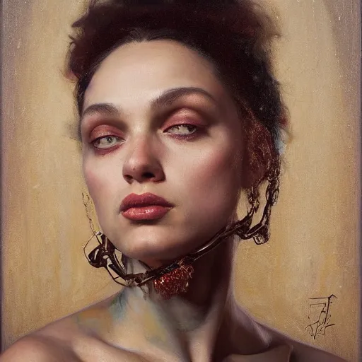 Prompt: highly detailed oil painting | very intricate | cinematic lighting | award - winning | portrait of jazzybit rouvier | by roberto ferri, by tom bagshaw, by j. c. leyendecker and klimt, american romanticism, by austin osman spare, artstation, cgsociety, official art, octane