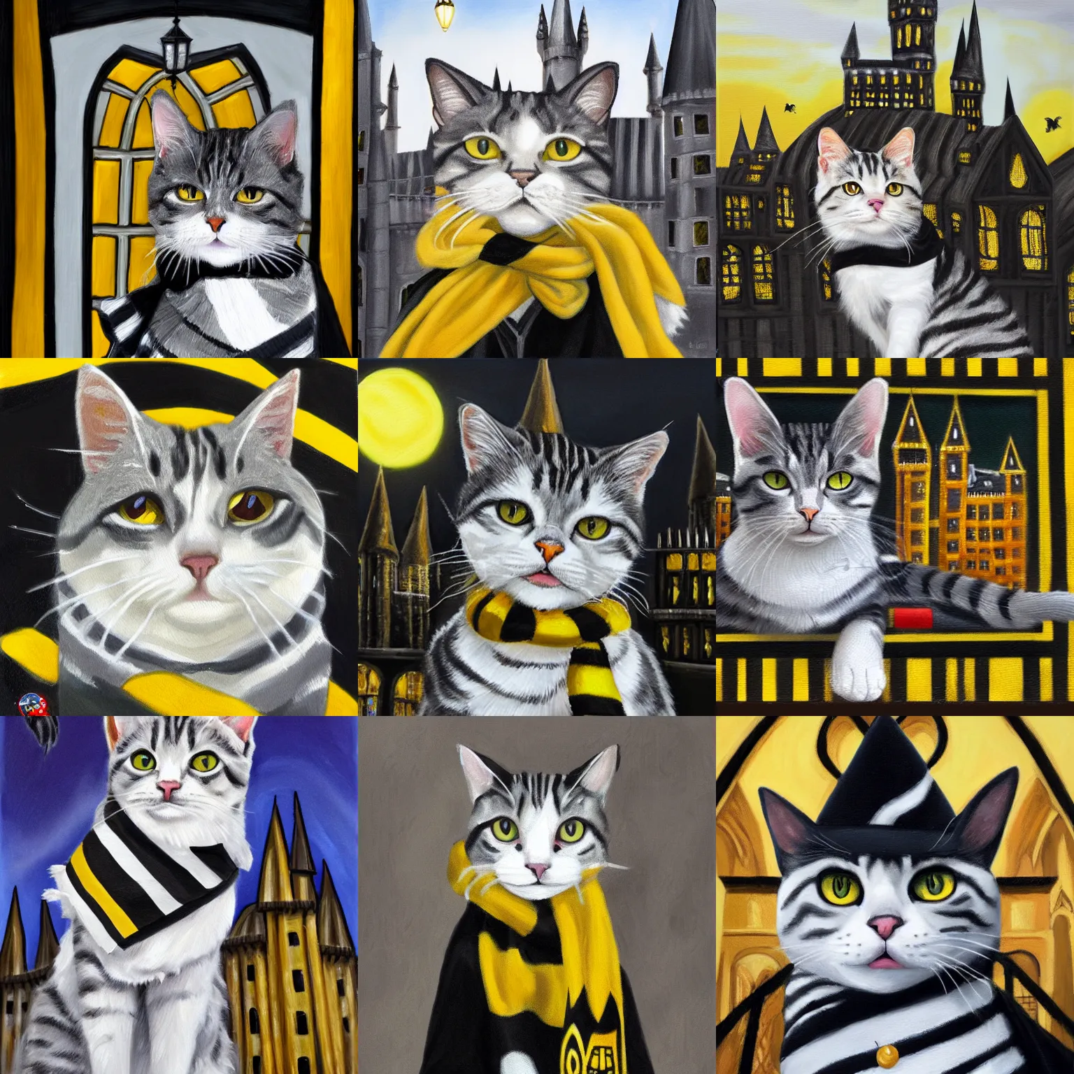Prompt: oil painting wide shot of a white and grey tabby cat wearing a black yellow striped hufflepuff scarf, in front of hogwarts castle, digital painting, high detail, award-winning, playful, deep focus, realistic, hyperrealistic, magical