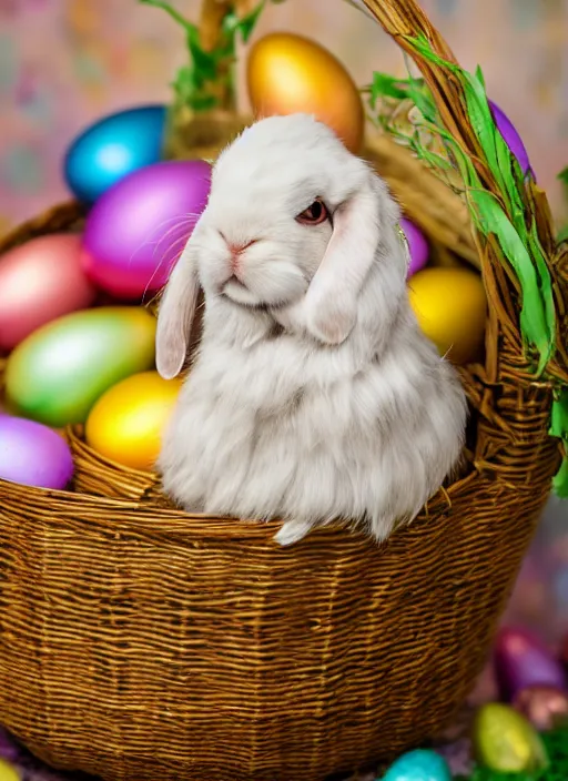 Image similar to a 3 5 mm photo of a holland lop sitting in an easter basket full of colorful easter eggs, bokeh, canon 5 0 mm, cinematic lighting, film, photography, golden hour, depth of field, award - winning, art by greg rutkowski, maxfield parrish and alphonse mucha