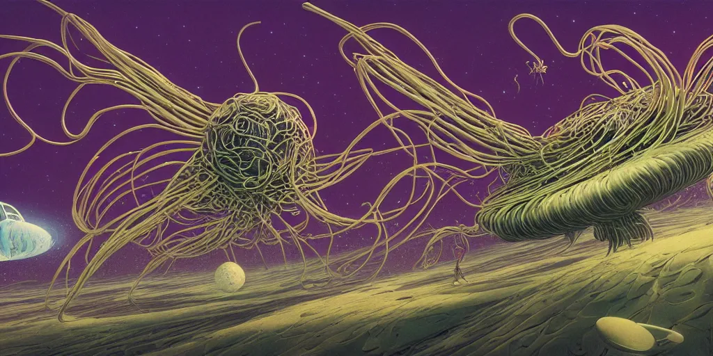 Prompt: the flying spaghetti monster flying in the space by roger dean, by masamune shirow, by wayne barlowe, futuristic, portrait, 4 k, wide eyes, hyper detailed, hyperrealism