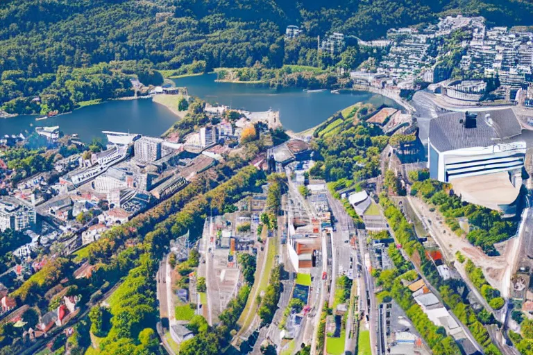 Image similar to bird's eye view photography of a small city. town hall, central farm, monorail station, beach and shipping dock. hills, woods and lake to the north.