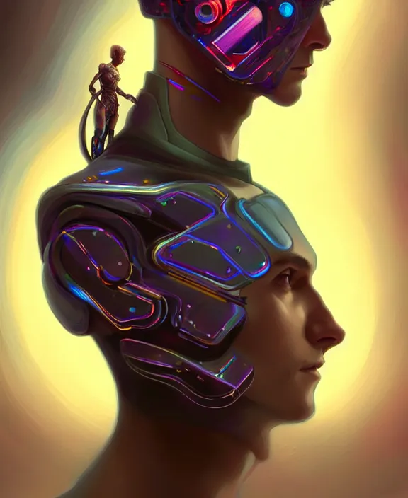 Image similar to a whirlwind inside the metaverse, guy, male, man, hologram, half body, neurochip, android, cyborg, cyberpunk face, by loish, d & d, fantasy, intricate, elegant, highly detailed, colorful, digital painting, artstation, concept art, art by artgerm and greg rutkowski and alphonse mucha