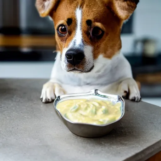 Image similar to a dog in the form of garlic drinks mayonnaise from a metal bowl