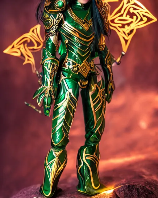 Image similar to a beautiful elf ranger with long hair and green eyes, no helmet, wearing green and gold futuristic mecha armor, with ornate rune carvings and glowing lining, very detailed, shot in canon 50mm f/1.2