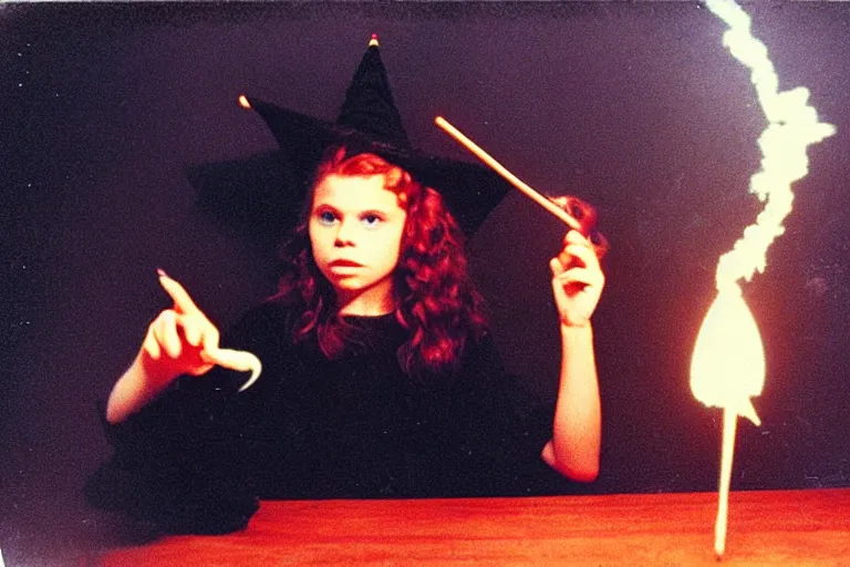 Prompt: close up portrait, dramatic lighting, teen witch aggressively pointing a magic wand casting a spell over a table, fireworks, cat on the table in front of her, sage smoke, magic wand, a witch hat cloak, apothecary shelves in the background 1 9 7 0's photo, polaroid, damaged film