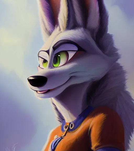 Image similar to oil painting of full body of anthromorphic female wolf, in style of zootopia, zootopia, zootopia, fursona, furry, furaffinity, 4 k, deviantart, furry art, fursona art, wearing black business suit, business suit, in style of zootopia, wolf fursona, cyberpunk, female, expressive detailed feminine face,