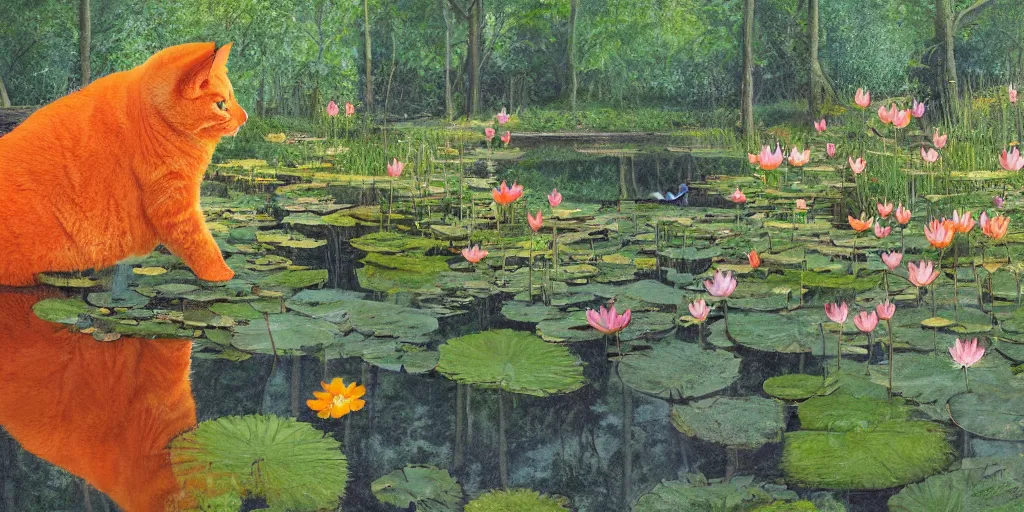 Image similar to a big fat orange cat near a mirror like pond, by alan lee, colorful clothing, springtime flowers and foliage in full bloom, lotus flowers on the water, dark foggy forest background, sunlight filtering through the trees, digital art, art station.