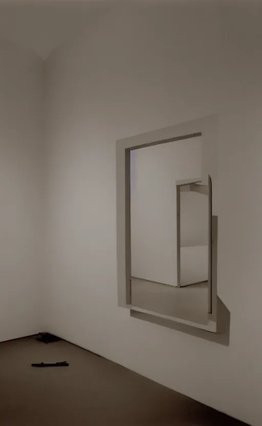 Prompt: a filmstill of a readymade object in a museum, empty white room, in the style of Marcel Duchamp and Orson Welles