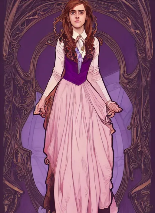 Image similar to hermione! granger! at hogwarts!! at the yule ball wearing pink and purple dress. emma watson. beautiful detailed face. by artgerm and greg rutkowski and alphonse mucha