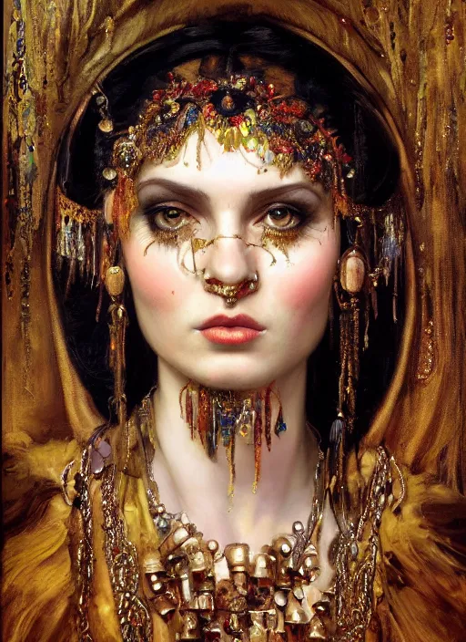 Image similar to highly detailed oil painting | very intricate | cinematic lighting | very detailed cute face | tribalfusion bellydancer fully dressed by alexander mcqueen | by roberto ferri, by tom bagshaw, by singer sargent and klimt, american romanticism, occult art | by austin osman spare, artstation, cgsociety, official art, octane