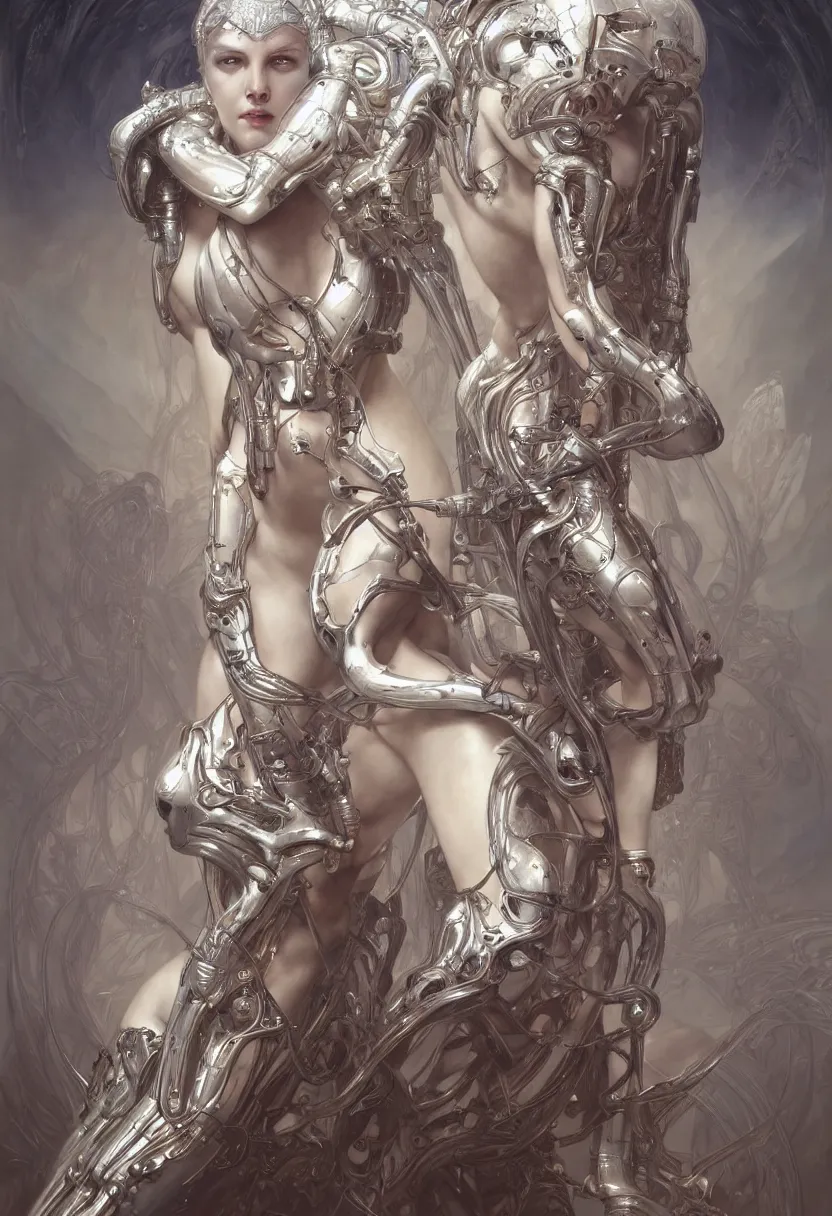 Image similar to beautiful white cyborg goddess, by william - adolphe bouguereaum artgerm and hr giger and zdzislaw beksinski and alphonse mucha, matte painting, hyperdetailed, symmetry, art nouveau, beautiful render, concept art