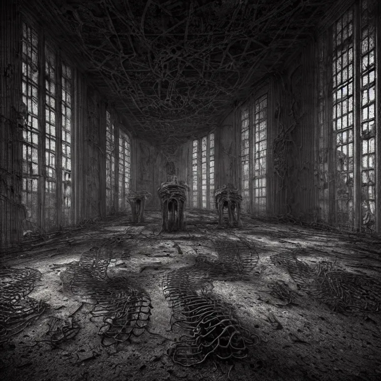 Prompt: portrait of ribbed abandoned biomechanical interior halls in a desolate empty wasteland, creepy, nightmare, dream-like heavy atmosphere, surreal abandoned buildings, baroque painting, beautiful detailed intricate insanely detailed octane render trending on Artstation, 8K artistic photography, photorealistic, chiaroscuro, cinematic volumetric light, Raphael, Caravaggio, Beksinski, Giger