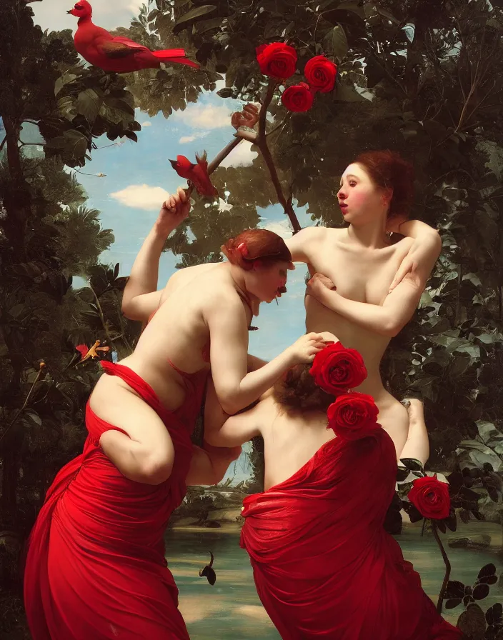 Prompt: a pool of liquid boiling red wax and woman dressed in a red puffy dress, many white birds and roses fly around, a dark background, wide angle, epic, oil painting in a renaissance style , very detailed, painted by Caravaggio, Greg rutkowski, Sachin Teng, Thomas Kindkade, Norman Rockwell, Tom Bagshaw, halo, octane render, cinematic, hyper realism, octane render, 8k, depth of field, bokeh. iridescent accents. vibrant. teal and gold and red colour scheme