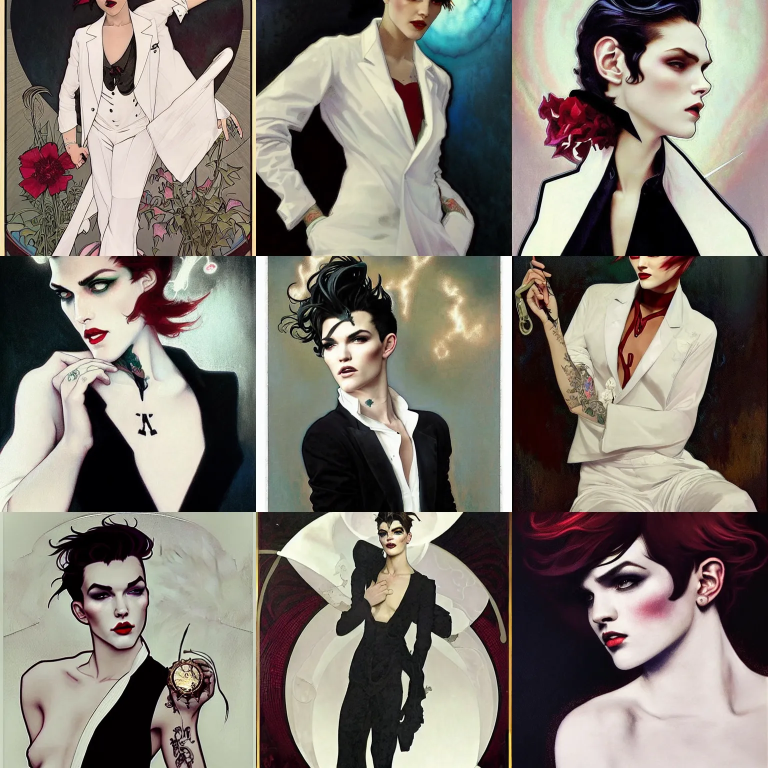 Image similar to beautiful portrait of androgynous ruby rose as desire from sandman in a white tuxedo!!!, rockabilly style, by alphonse mucha, cedric peyravernay, by jeremy mann, by frank moth, white suit and black tie, soft lightning, high detailed, 8 k