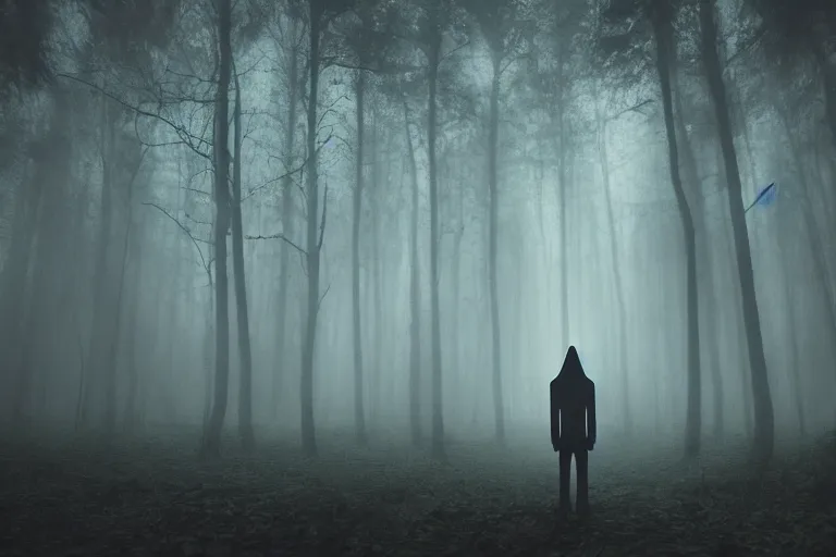 Image similar to a mystical alien standing in a dark, gloomy forest, detailed, mythical, mist, depressing, tired, dark, lush, nature, mist, mystery, glows, somber, dismal, fog, heavy fog, dark lighting, rim light, ambient light,