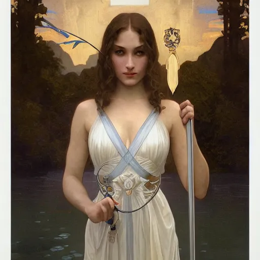 Image similar to portrait of the lady of the lake holding excalibur, elegant, art nouveau, tarot card, highly detailed, digital painting, artstation, concept art, smooth, sharp focus, illustration, art by artgerm and greg rutkowski and alphonse mucha and william - adolphe bouguereau