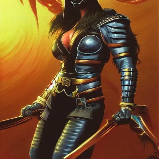 Image similar to Female mortal Kombat warrior in a spaceship, by normal Rockwell and Gerald Brom