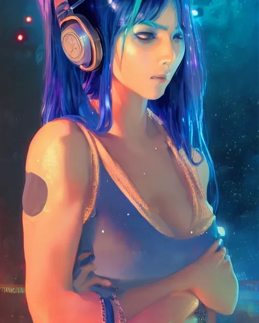 Image similar to pretty girl with blue hair, dj girl, in a club, laser lights background, sharp focus, digital painting, 8 k, concept art, art by wlop, artgerm, greg rutkowski and alphonse mucha