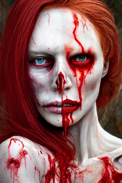 Image similar to pale woman skeleton covered with blood, rolyatistaylor face!!!, red hair, ultra realistic, concept art, intricate details, highly detailed, 4 5 mm. photorealistic, octane render, 8 k, unreal engine. film still, heavy grain, 3 5 mm, art by artgerm and greg rutkowski and alphonse mucha