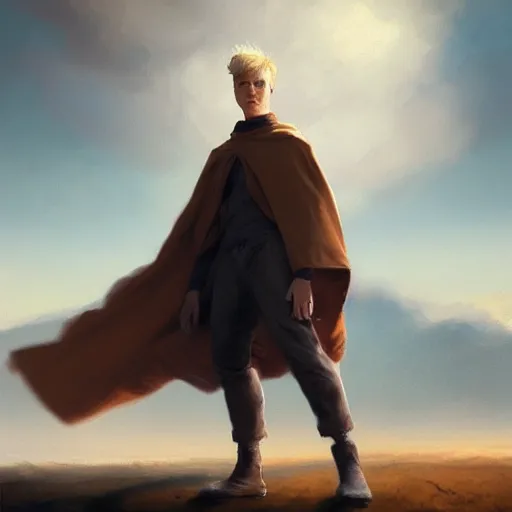 Image similar to blonde boy wearing a brown cape and flying in t pose, closeup, powerful, space background, oil painting, brush strokes, greg rutkowski