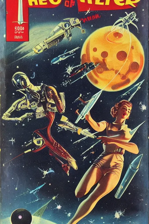 Image similar to 5 0 s pulp science fiction cover illustration of hero firing retro later pistol at extraterrestrial monster on alien planet, in background many alien creatures, a park, a rocketship, space and nebula and venus, art by earle bergey, norman rockwell, frank schoonover, leyendecker, allen anderson, greg staples, basil gogos, syd mead