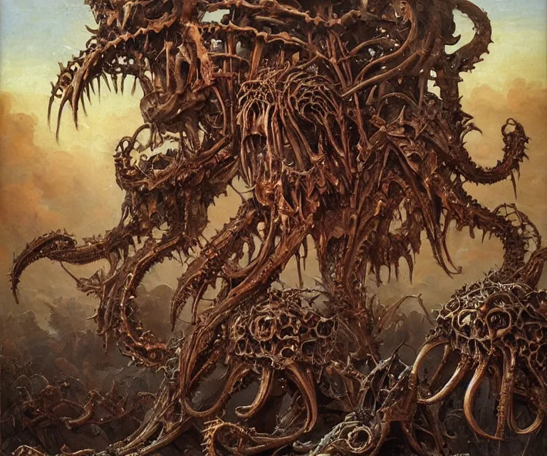 Prompt: elegant renaissance painting of biomechanical warhammer final boss bodybuilder vecna battle, art by bruce pennington and peter mohrbacher, epic biblical depiction, flesh and bones, fangs, teths and tentacles, corpses and shadows!