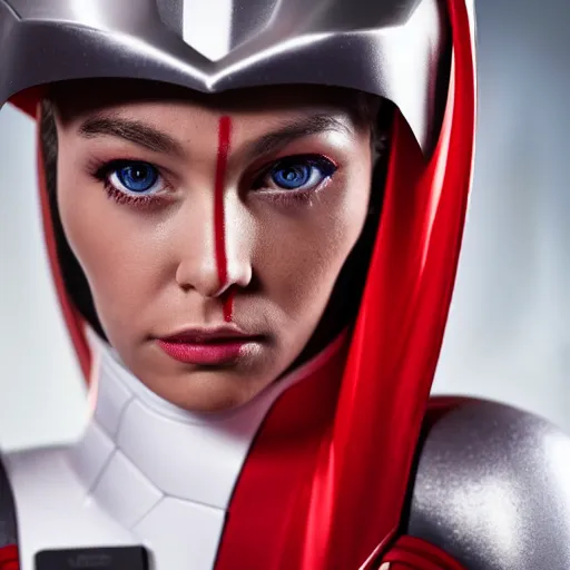 Image similar to headshot of an beautiful female soldier in glossy sleek white armor with tiny red details and a long red cape, downward angle, determined expression, on the surface of mars, night time, dramatic lighting, cinematic, sci-fi, hyperrealistic