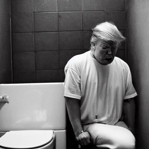 Image similar to a disheveled Trump crying profusely in prison clothing sitting on a toilet in jail. wide angle. The floor is grimy. candid photograph.